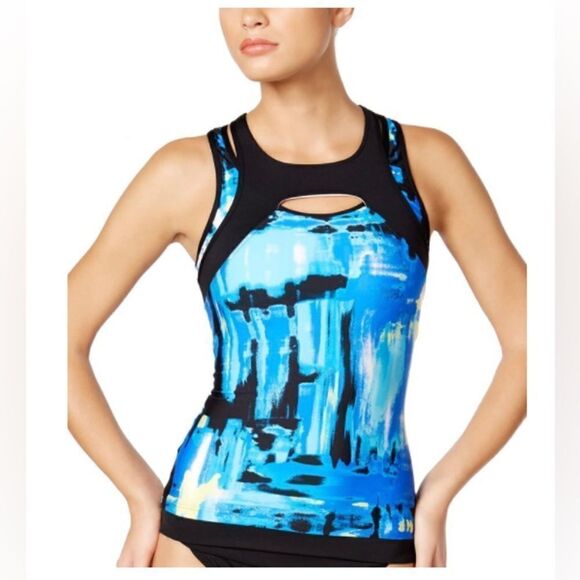 Calvin Klein Women's Cutout Illusion Active Tankini Top Graphic Blue size S - Picture 1 of 5
